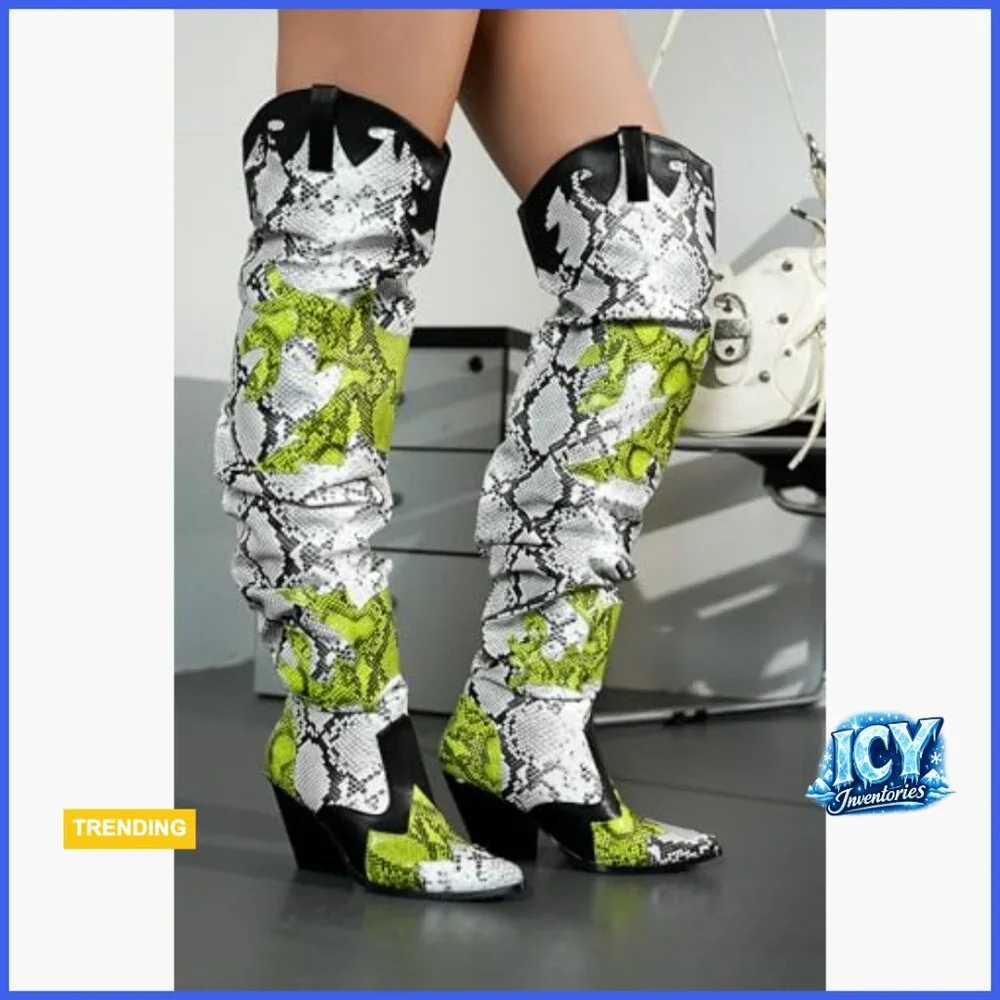 Thigh High Cowboy Boots with Chunky Heel - Faux Snakeskin Western Booties